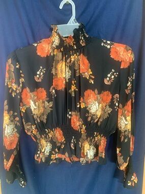 Shinestar Black Blouse with Orange and Cream Floral Accents